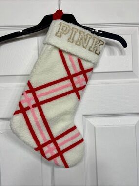 PINK Fuzzy Holiday Stocking in Cream with Pink & Red Plaid NEW